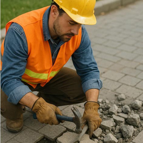 Worker repairing a pavement at an airport