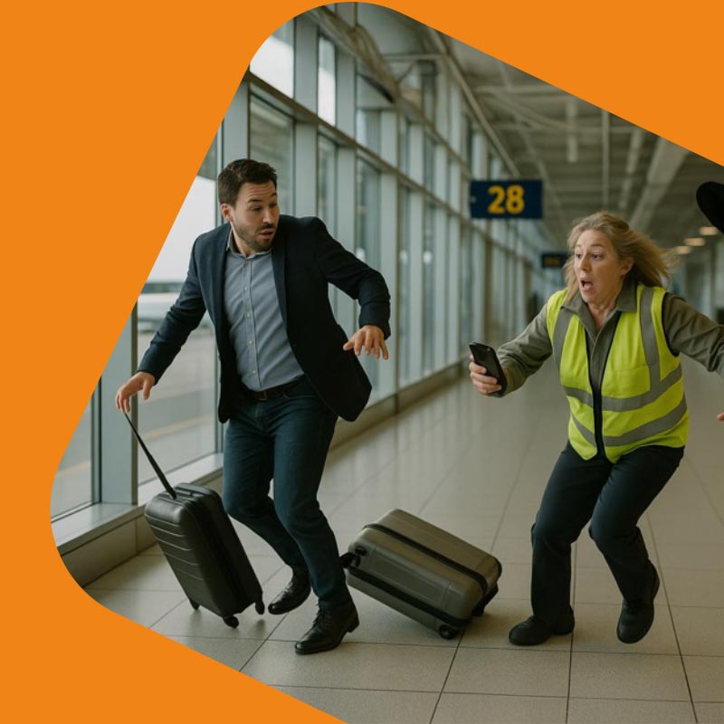 Passenger, nearly tripping over at an airport