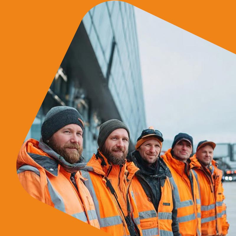 Airport workers outside a terminal building
